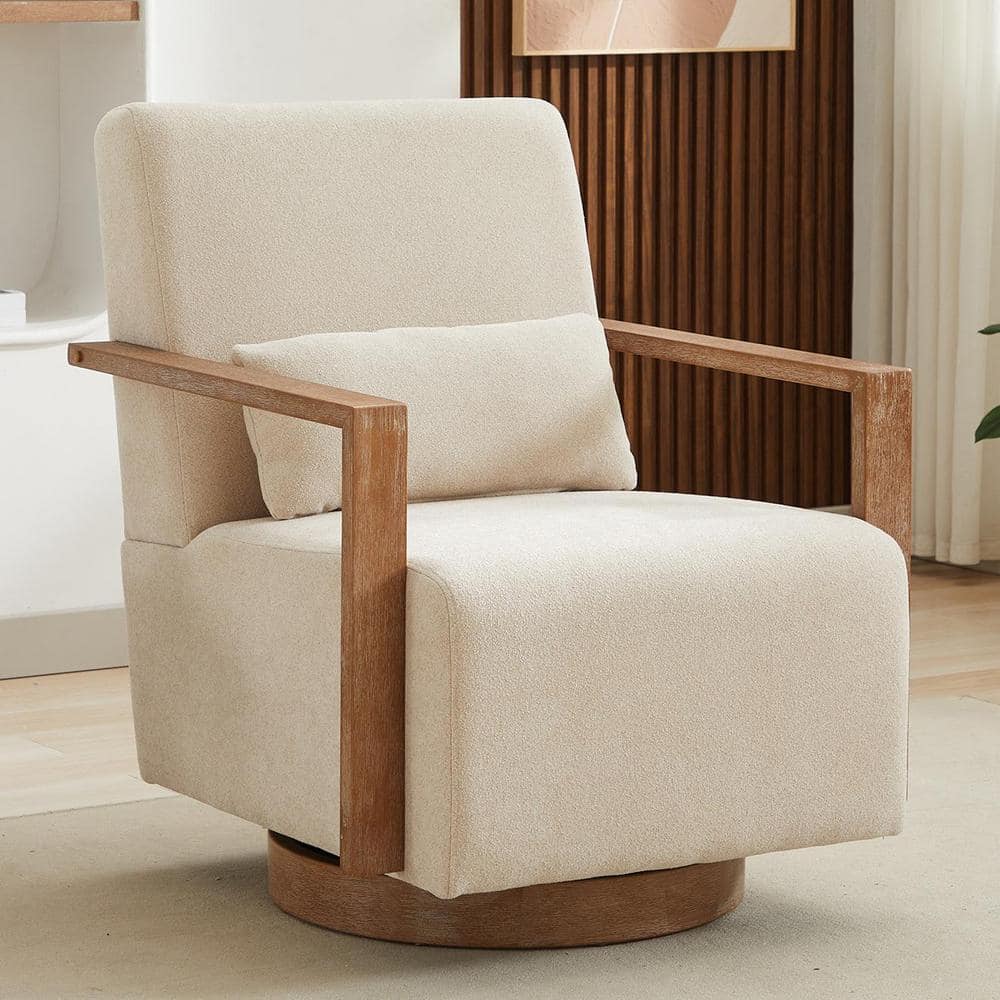 30.3 in. W Elegant 360° Upholstered Swivel Chair with Solid Wood Armrests 