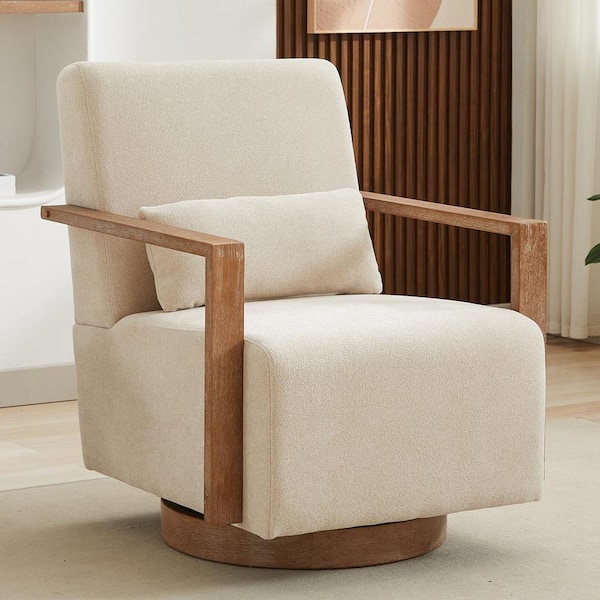 30.3 in. W Elegant 360° Upholstered Swivel Chair with Solid Wood Armrests and Weathered Base - Beige