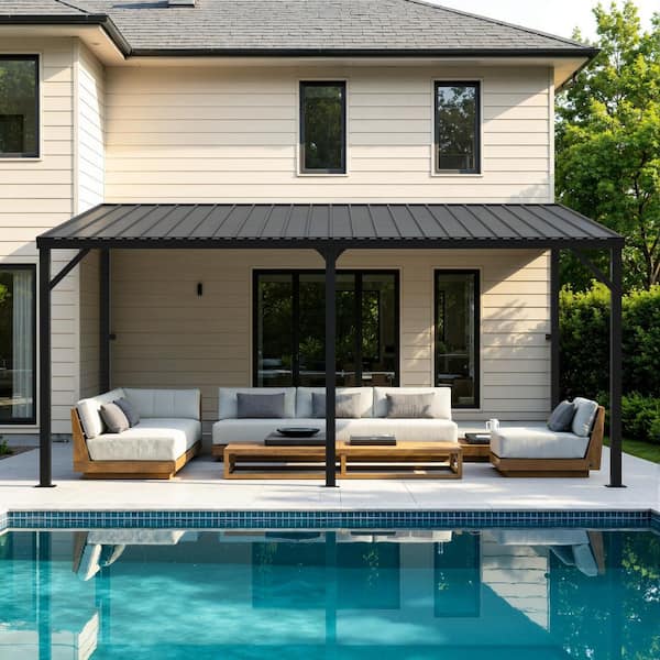 12 ft. x 16 ft. Outdoor Patio Pergola Gazebo, Wall-Mounted Lean to Metal Awning Gazebo with Sloped Roof
