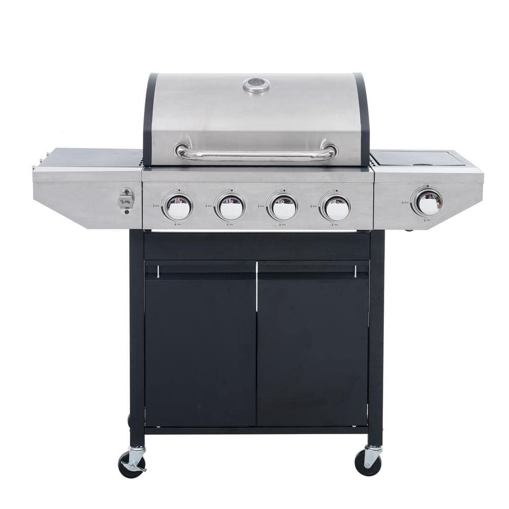 BlazePro 4-Burner Portable Propane Gas Grill in Silver, Stainless Steel Barbecue Grill with Side Burner, Thermometer