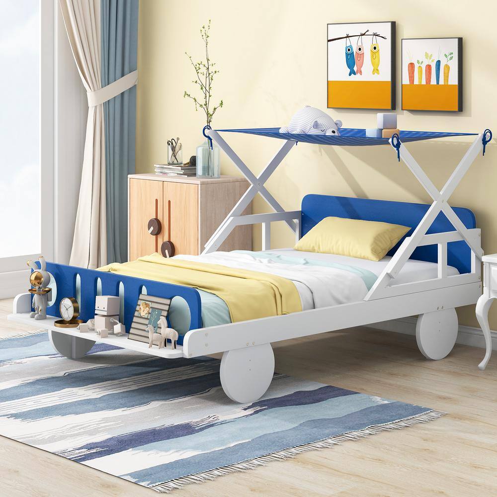 Nestfair White and Blue Wood Frame Twin Size Car Bed with Ceiling Cloth