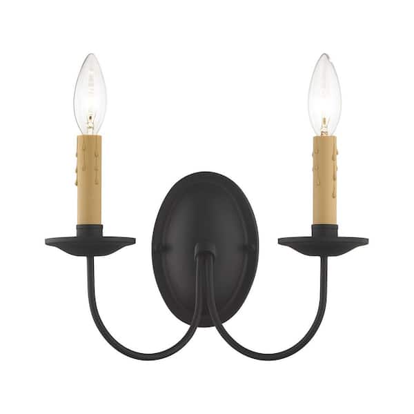 Archwood 12.25 In. 2-Light Black Double Wall Sconce with Drip Candle Cover