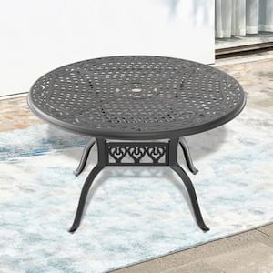 48 in. Black Cast Aluminum Patio Outdoor Dining Table with Umbrella Hole
