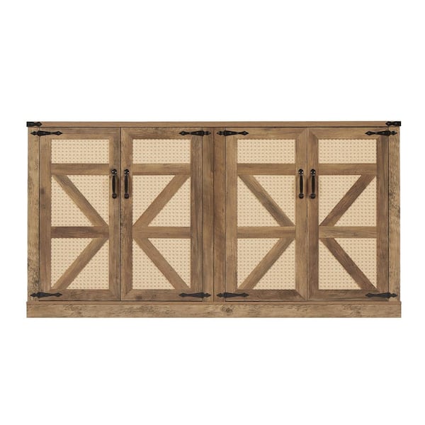 64.96 in. x 15.75 in. x 34.05 in. Oak Color Wooden Faux Rattan Wine Cooler w/4 Magnetic Bin-Doors and Adjustable Shelves