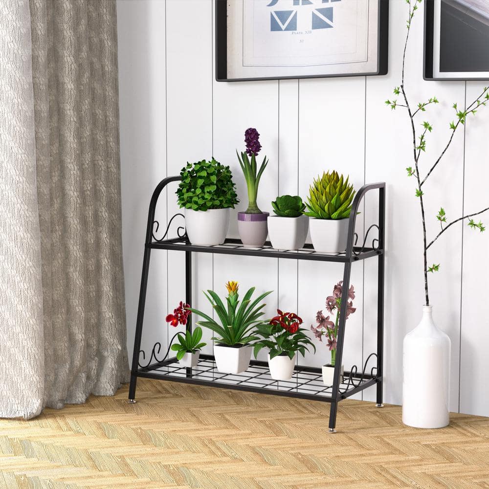 HONEY JOY 24.5 in. Black Metal Plant Stand 2-Tier Flower Potted Holder ...