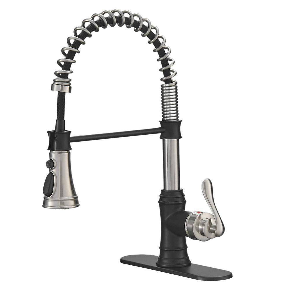 Single Handle Deck Mount Gooseneck Commercial Pull Down Sprayer Kitchen Faucet with Deckplate in Brushed Nickel & Black -  FLG, LE-0008-BN&MB