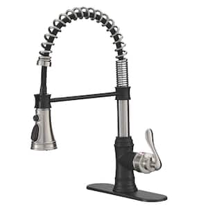 Single Handle Deck Mount Gooseneck Commercial Pull Down Sprayer Kitchen Faucet with Deckplate in Brushed Nickel & Black