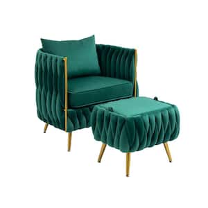 Modern Comfy Upholstered Emerald Velvet Accent Arm Chair with Storage Ottoman Set