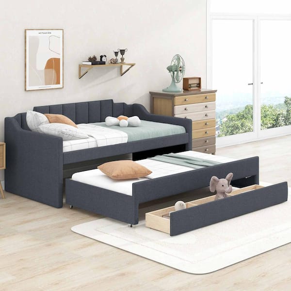 Polibi Grey Twin Size Upholstered Daybed with Trundle and 3-Drawers