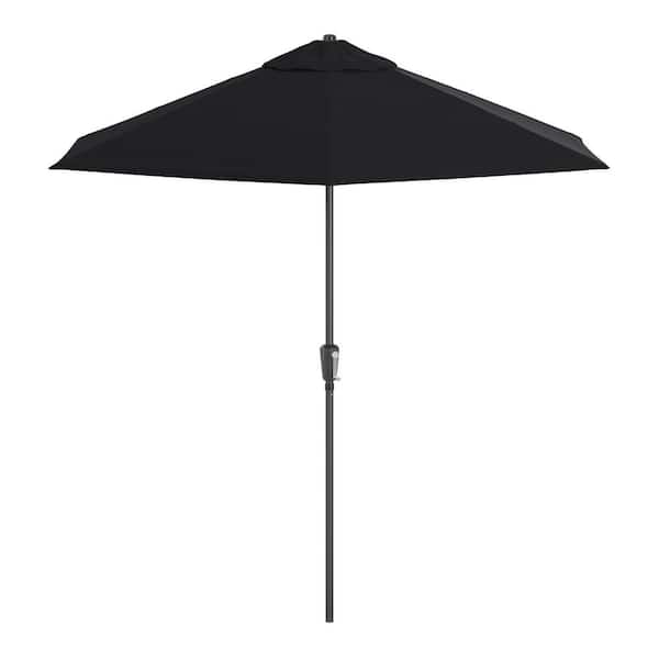 9 ft. Aluminum Pole Black Patio Umbrella, Push Button Tilt and Crank Lift, Solstice Olefin Fabric in Black