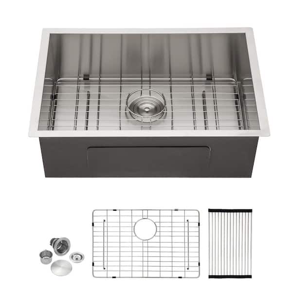 26 in. Undermount Single Bowl 18-Gauge Brushed Nickel Stainless Steel Kitchen Sink with Bottom Grid and Strainer