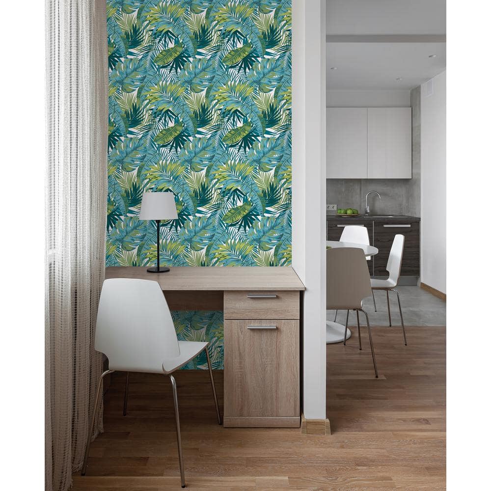 Tropical Palm Teal and Green Vinyl Peel and Stick Wallpaper