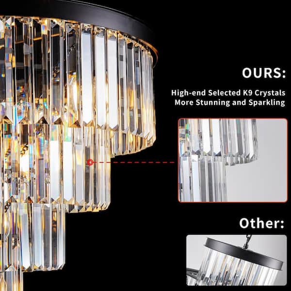 HKMGT 5-Tier 15-light Black Crystal Chandelier for Living Room and