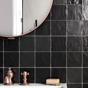 Black 4 in. x 4 in. Polished and Honed Ceramic Mosaic Tile Sample