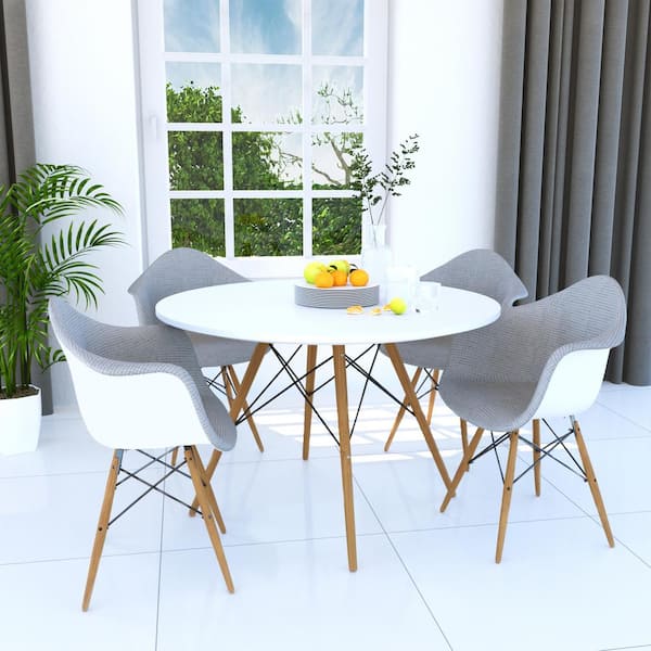 Leisuremod Dover Modern Dining Table 48 in. Round White MDF Tabletop with Beech Wood Legs Seats 4