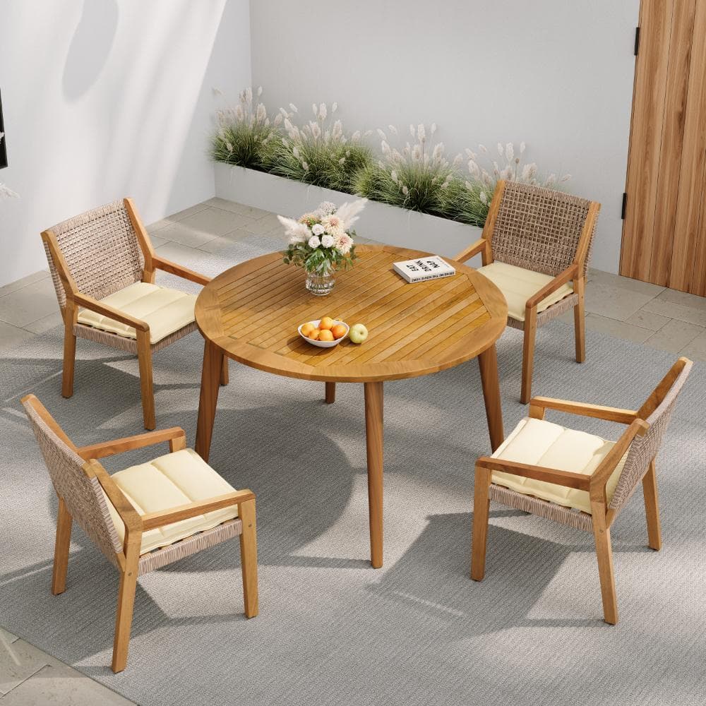 5-Piece Wood and Wicker Patio Conversation Set with Beige Cushions price history on PriceWatchPro