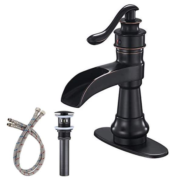 Unbranded Waterfall Single Hole Single-Handle Low-Arc Bathroom Faucet With Pop-up Drain Assembly in Oil Rubbed Bronze