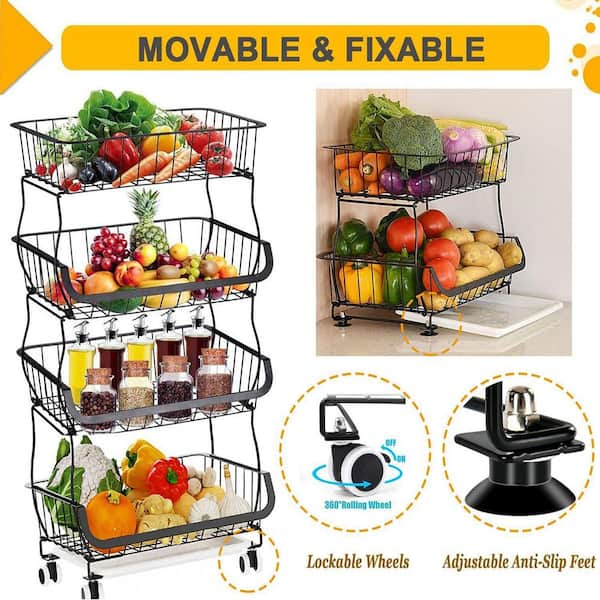 RUJIN Fruit Vegetable Basket, 4 Tier Stackable Storage Baskets with  Lockable Wheels Metal Wire Kitchen Organizers and Storage Organizer Cart  for Kitchen/Pantry/Bathroom(1 Piece) - Yahoo Shopping