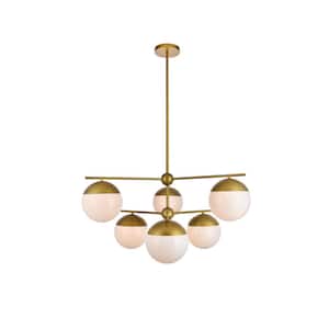 Timeless Home Ellie 6-Light Brass Pendant with 8 in. W x 7.5 in. H Frosted Glass Shade