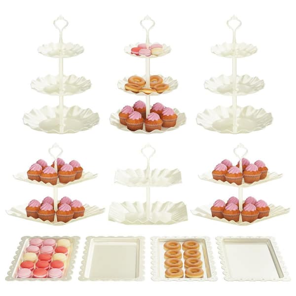 10-Piece Dessert Table Display Set, 3-Piece White 3-Tier Cake Stand and  2-Tier Cake Stand, 4-Piece Serving Trays