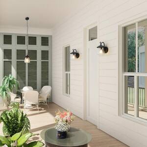 Modern Farmhouse Black Outdoor Pendant Light for Covered Porch Gazebo, 1-Light Hanging light with Seeded Glass Shade