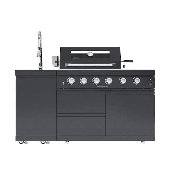 65 in. W 6-Burner Propane Gas Grill Island in Black, with Rotisserie kit, Granite Countertops, Sink