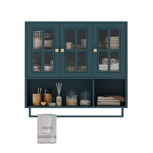 Danyale Green Wood 32.48 in. H Storage Wall Cabinet with 3 Glass Doors, Open and Hidden Storage Space