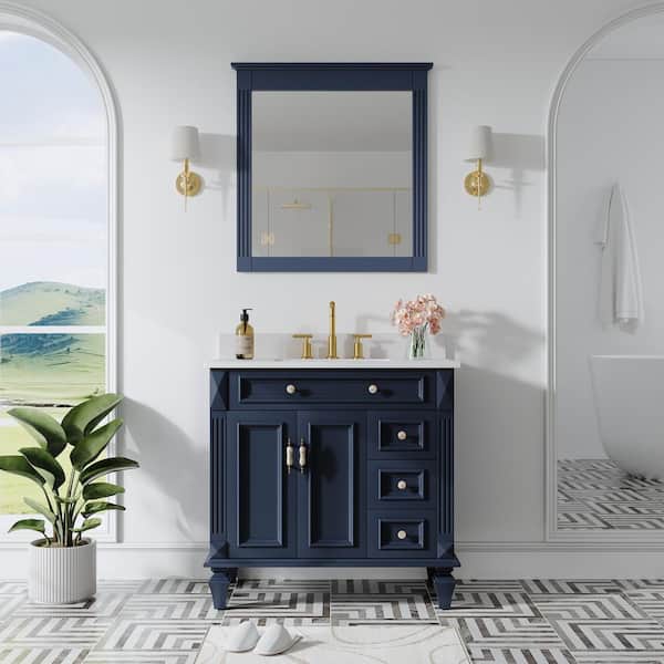 ANGELES HOME 36 in. W x 22 in. D x 35 in. H Single Sink Bath Vanity in Navy Blue with White Stain-Resistant Quartz Top and Mirror