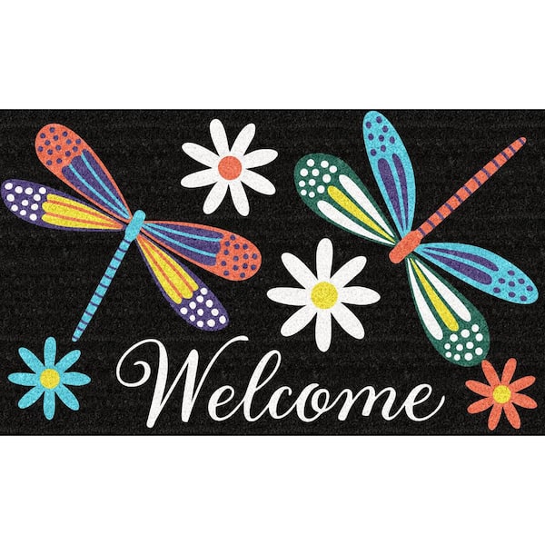 Unbranded Welcome Dragonflies Black Multi 18 in. x 30 in. Coir Non-Slip Indoor Outdoor Door Mat