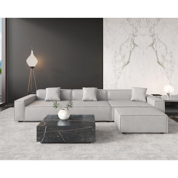 Magic Home 140 in.W Convertible Square Arm Leather Polyester L Shaped Sectional Sofa with Ottomans in Gray