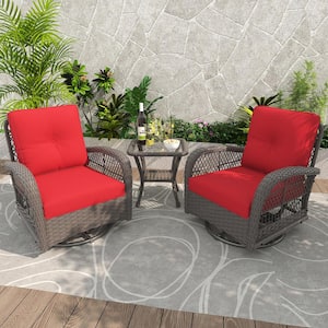 3-Piece Patio Wicker Conversation Set with Red Cushions and Side Table - Swivel, Rock, and Relax in Style