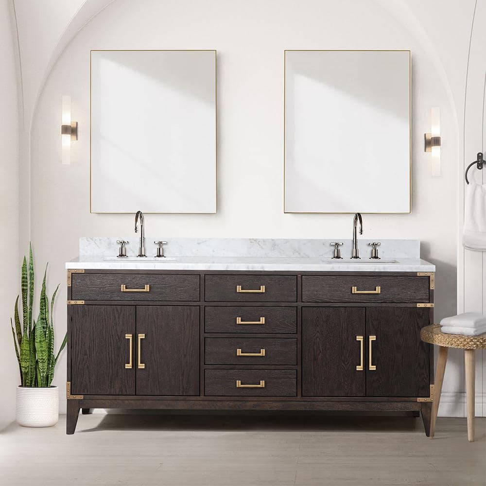 Fossa 72 in W x 22 in D Brown Oak Double Bath Vanity, Carrara Marble Top, Faucet Set, and 34 in Mirrors -  Lexora, LVF72DK111