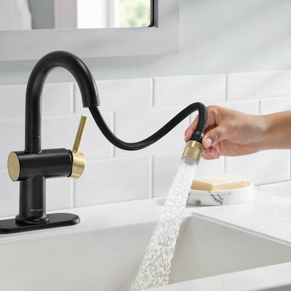 Glacier Bay Dorind Single-Handle Single-Hole Pull-Down Bathroom Faucet in Matte Black and Matte Gold