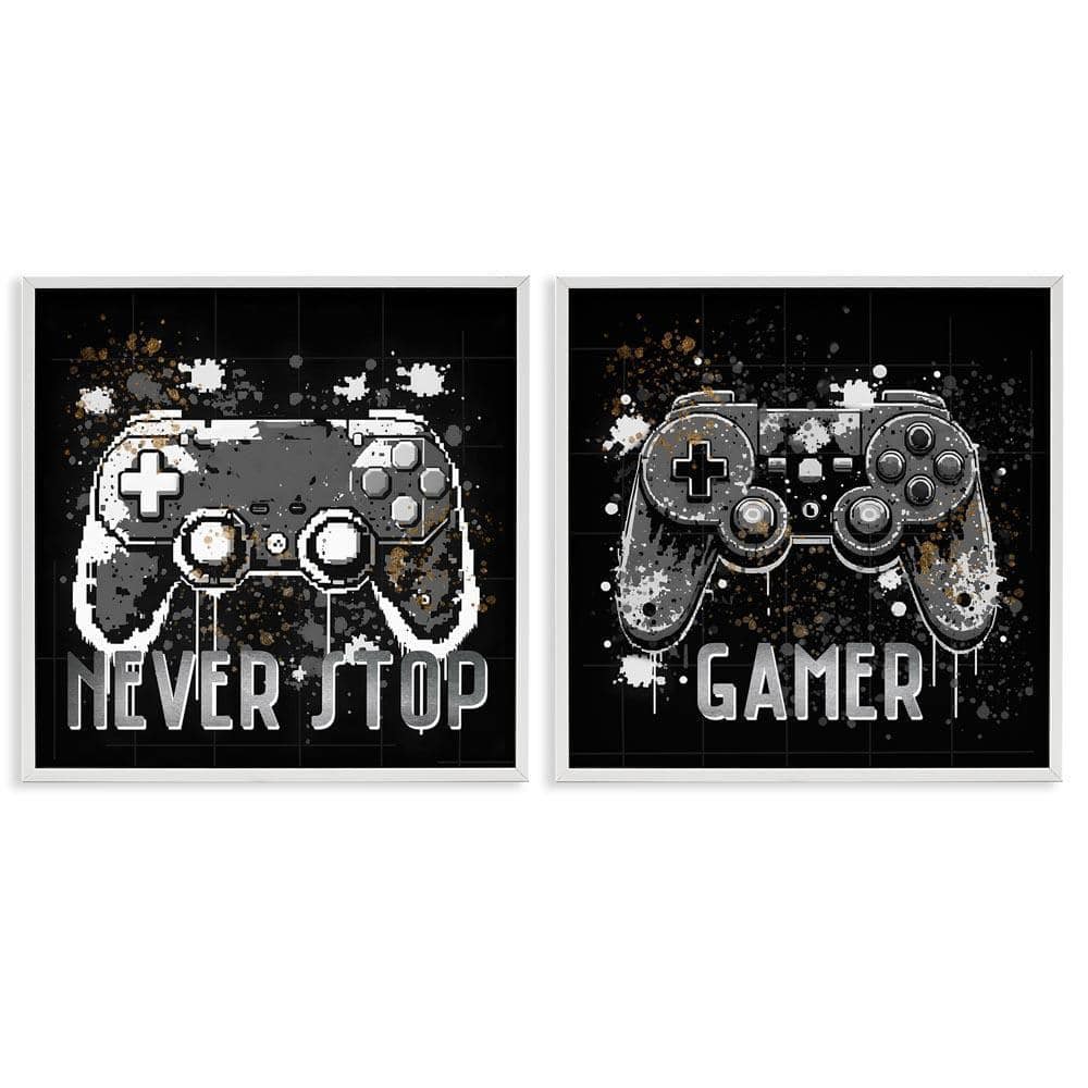 Never Stop Modern Gamer by Kim Allen 2 Pieces White Framed Typography Giclee Art Print 24 in. x 24 in.