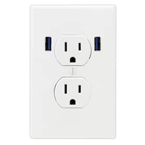 15 Amp Standard Duplex Wall Outlet with 2 Built-in USB Charging Ports - White
