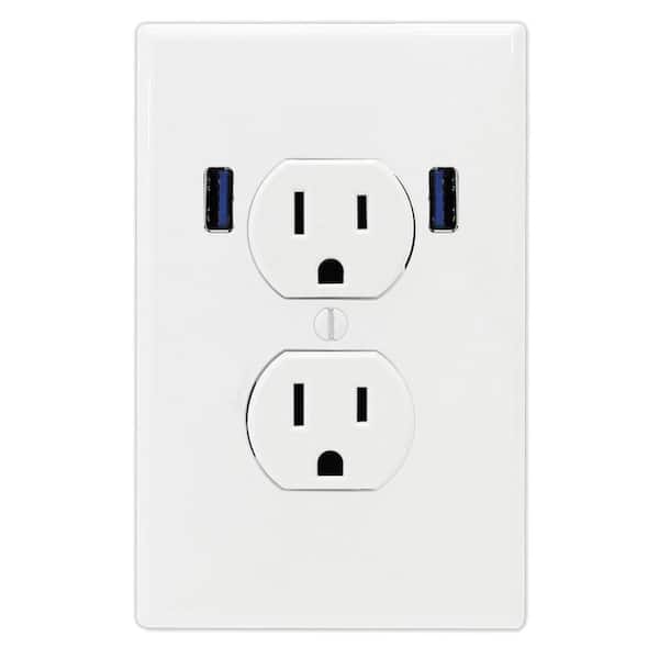 U-Socket 15 Amp Standard Duplex Wall Outlet with 2 Built-in USB Ports White ace-8158 - The Home Depot