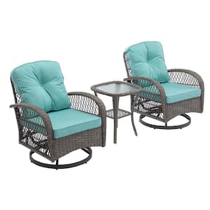 3-Piece Wicker Patio Conversation Set Swivel Rocker Chairs Set in Blue with Cushions and Table