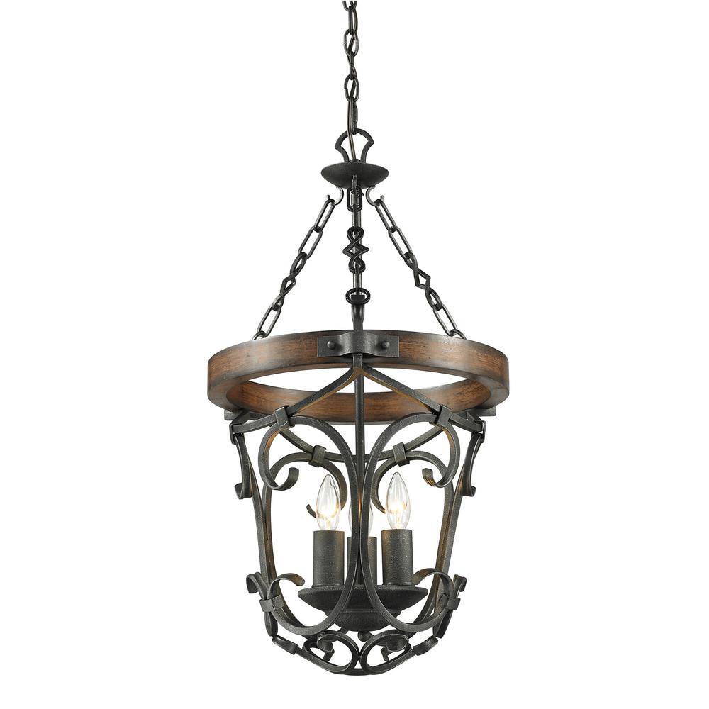 Madera Rustic Black Iron and Wood 3-Light Pendant
