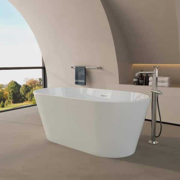 59 in. x 30 in. Freestanding Acrylic Soaking Bathtub with Chrome Overflow Quick Drain in Glossy White