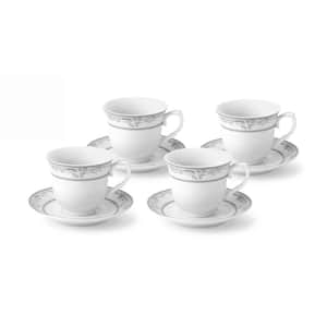 Lorren Home 8 oz. Porcelain Tea/Coffee Set Service for 4-Silver Floral