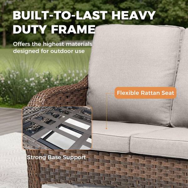 RoundEase 2-Seat Brown PE Wicker Outdoor Loveseat with 4 in. Olefin Beige Cushions/Patio Sofa Furniture