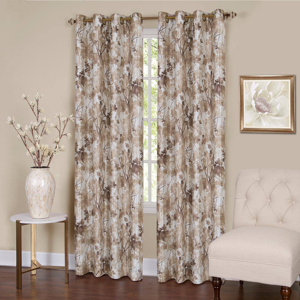 Tan Floral Blackout Grommet Polyester Window Drapes, 50x63