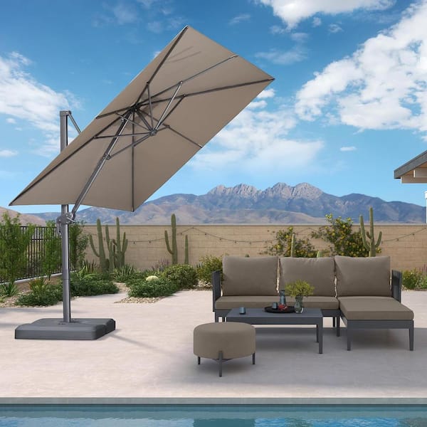 PURPLE LEAF 8 ft. Square Outdoor Patio Cantilever Umbrella Aluminum Offset 360° Rotation Umbrella with Base, Taupe
