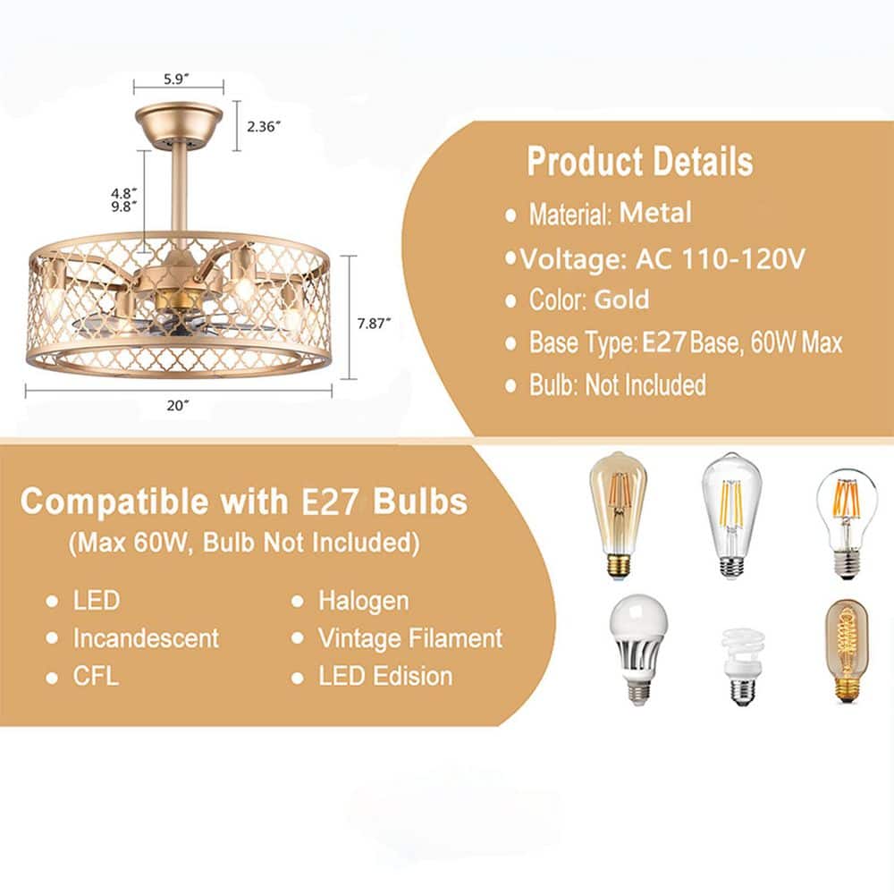 20-Inch Gold Metal Caged Ceiling Fan with Remote and Lighting
