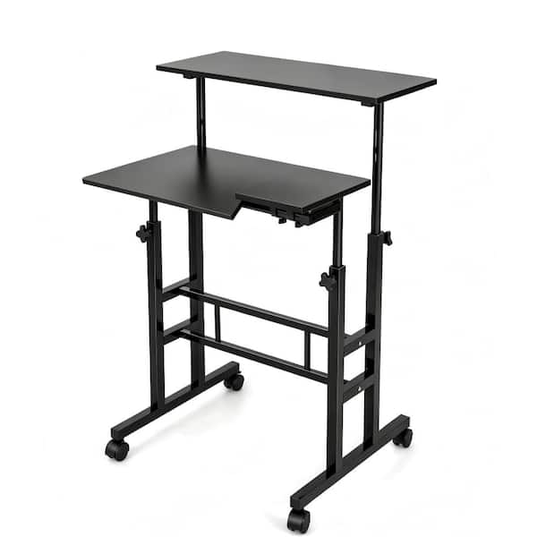 Mobile Stand-up Computer Desk Adjustable with 2 Tilting Desktops-Black