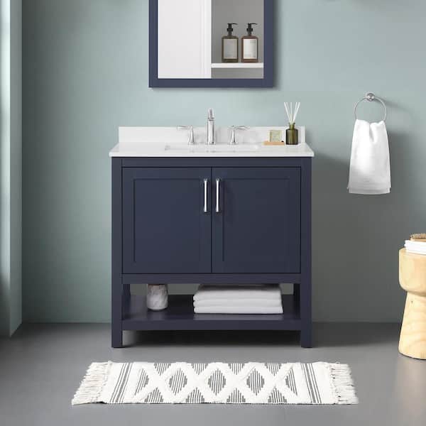 OVE Decors Vegas 36 in. W x 19 in. D x 34 in. H Single Sink Bath Vanity in Midnight Blue with White Engineered Stone Top