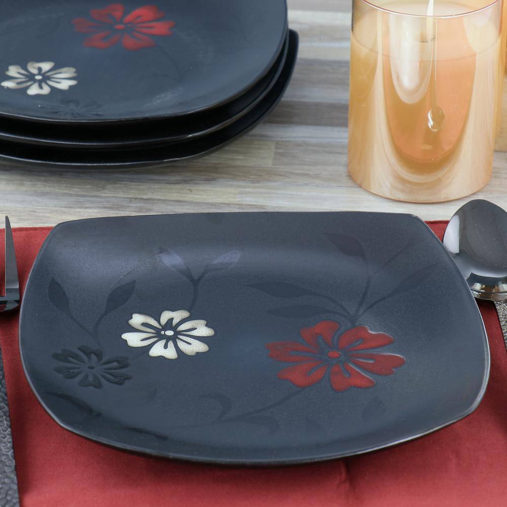 Black Ceramic Square Salad Plates with Floral Design, Set of 4