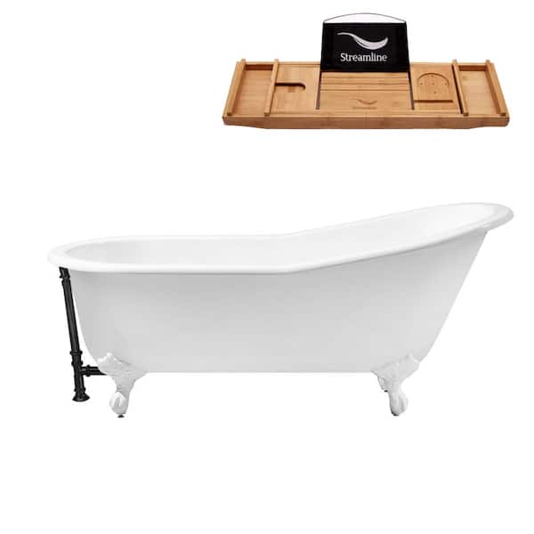 Streamline 67 in. Cast Iron Clawfoot Non-Whirlpool Bathtub in Glossy White with Matte Black Drain and Glossy White Clawfeet