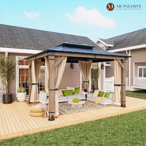 Beverly Hills 10 ft. x 12 ft. Cedar Wood Frame Outdoor Galvanized Steel Double Hardtop Gazebo with Netting and Curtains