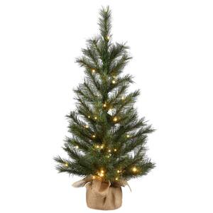 3 ft. Frosted Ontario Pine Tree in Burlap Base with 50 Warm White Battery Operated LED Lights with Timer